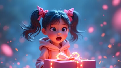 Fototapeta premium Girl Opening Gift - Christmas, Valentine, Birthday Surprise
