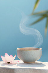 serene scene with steaming cup of tea and lotus petals on stone surface, set against soft blue background