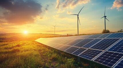 Solar Panels and Wind Turbines at Sunset