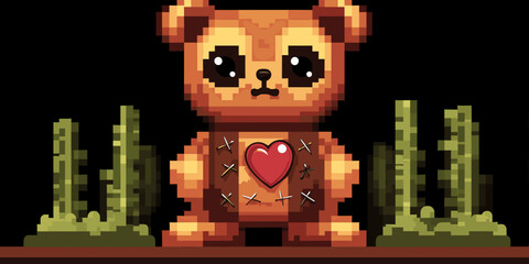 Adorable Pixel Art Teddy Bear with Heart and Stitches Amidst Green Plant Background - Retro Video Game Aesthetic, 8-Bit Design, Cute Digital Landscape