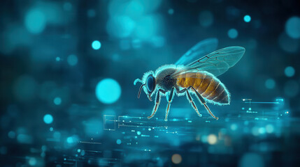 digital representation of bee with glowing features, surrounded by abstract blue particles, creating futuristic atmosphere