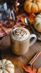 A cozy fall pumpkin spice latte topped with whipped cream and cinnamon, set against a rustic autumn-inspired background