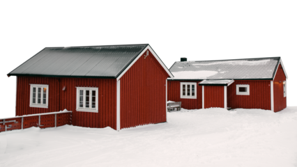 PNG red cabins, winter  border, transparent background