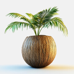 A stunning representation of a coconut plant in a textured pot, set against a clean white background. Ideal for nature and interior design themes.