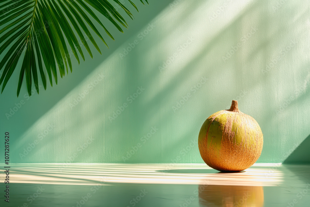 Poster a fresh coconut placed on a smooth gradient background, accentuated by soft light and shadows, evoki