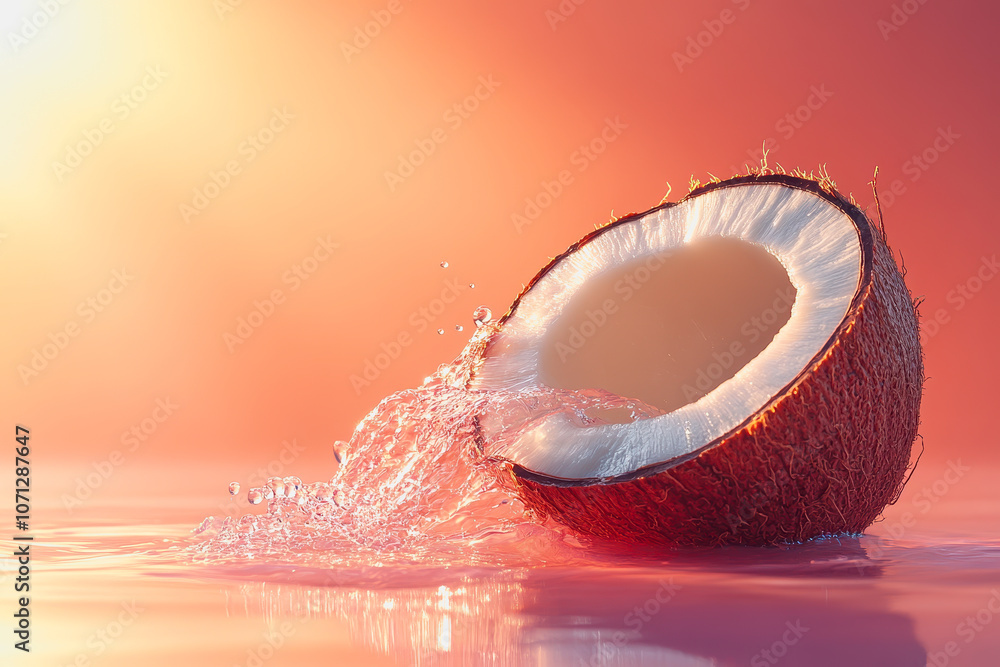 Poster a stunning image of coconut water splashing out of a halved coconut against a smooth gradient backgr