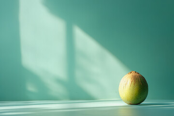 A singular coconut rests on a smooth gradient background, capturing light and shadow beautifully. Ideal for fresh and healthy lifestyle themes.
