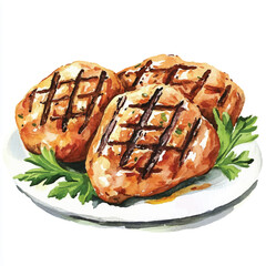 Grilled chicken watercolor clipart illustration