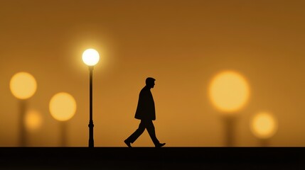 Silhouette of a Man Walking on a Street With Glowing Lights at Night. Generative AI
