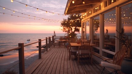 Fototapeta premium Coastal Cottage Deck at Sunset