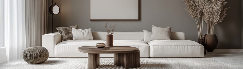Modern Minimalist Living Room with White Sofa and Wooden Coffee Table