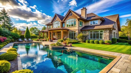 Fototapeta premium Luxury Suburban Home with Swimming Pool, Panoramic Windows, and Lush Green Lawn on a Sunny Day | Macro Photography of Elegant Architecture and Outdoor Living