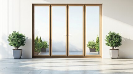 Fototapeta premium Stylish Closed Bifold Doors With Plants on Indian Sandstone Patio in Spring. Generative AI