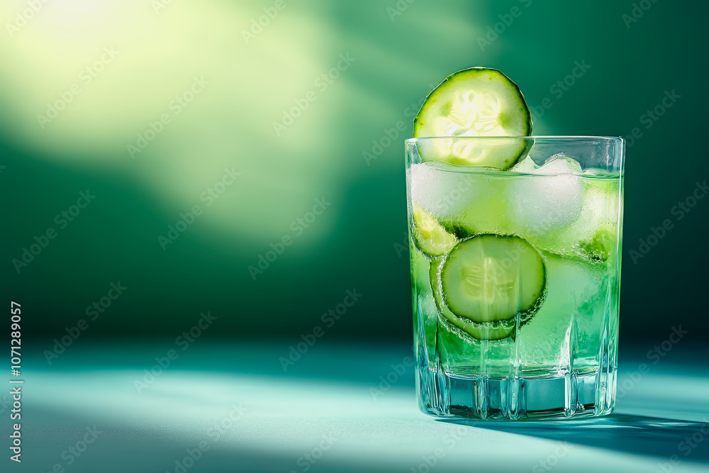 Poster explore a refreshing cucumber juice served on the rocks in a clear glass against a smooth gradient b