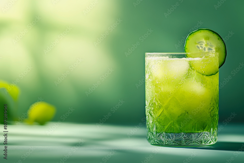 Poster a refreshing cucumber juice served in a glass, featuring ice and a slice of cucumber, set against a 