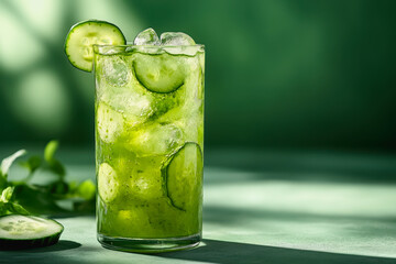 Enjoy a vibrant glass of cucumber juice filled with ice and slices, perfect for refreshing hydration on a hot day. Ideal for summer gatherings and wellness.