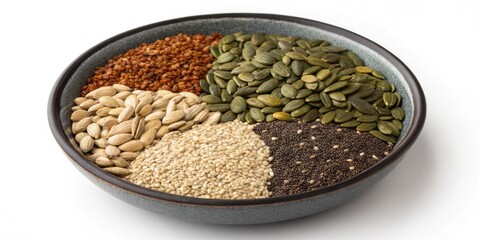 Fototapeta premium A bowl filled with mixed seeds including pumpkin sunflower and chia arranged neatly to showcase their various sizes shapes and earthy colors.