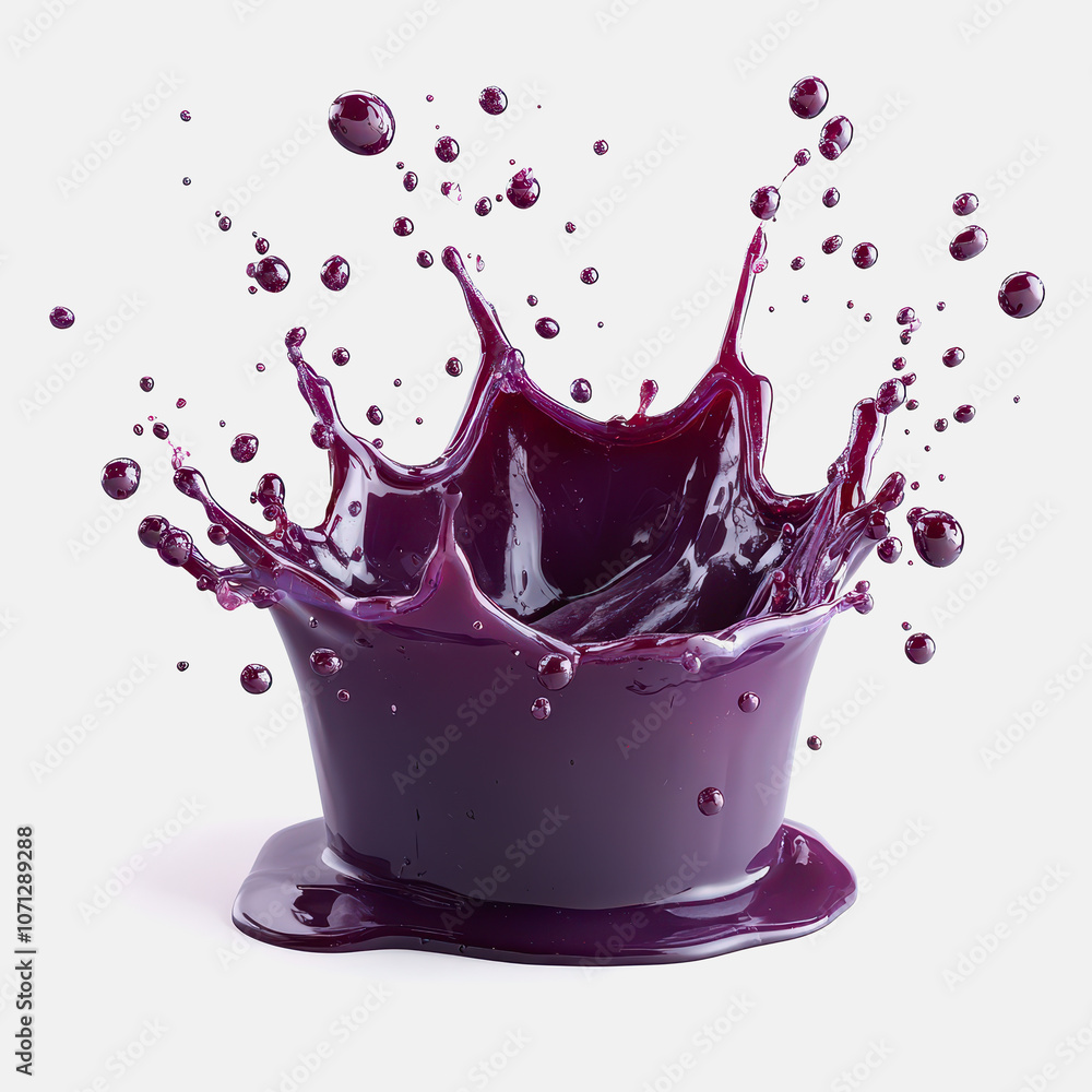 Poster a striking image capturing a vibrant grape juice splash, showcasing dynamic droplets against a clean