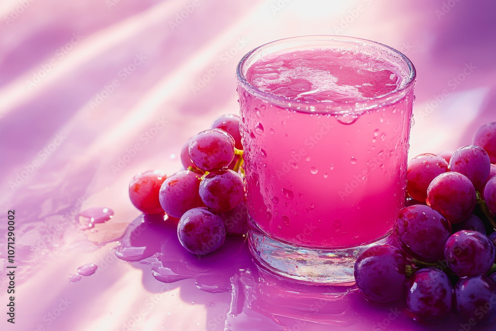 Poster a vibrant glass of grape juice with water droplets sits on a smooth, pink background, creating a ref