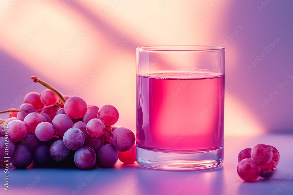 Poster a vibrant glass of grape juice sits next to fresh grapes, all displayed on a soft gradient backgroun