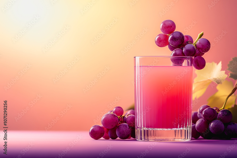 Poster a vibrant glass of grape juice surrounded by fresh grapes on a smooth gradient background. ideal for