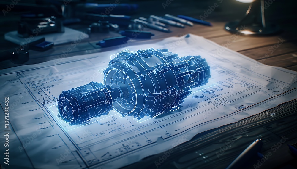 Poster a futuristic blueprint featuring a glowing, intricate mechanical component, surrounded by tools and 