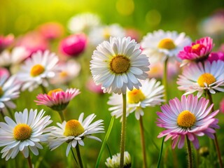 Obraz premium Vibrant Wild Daisies in Springtime: A Beautiful Group of White and Pink Flowers Nestled in Lush Green Grass, Capturing Nature's Essence and Seasonal Beauty