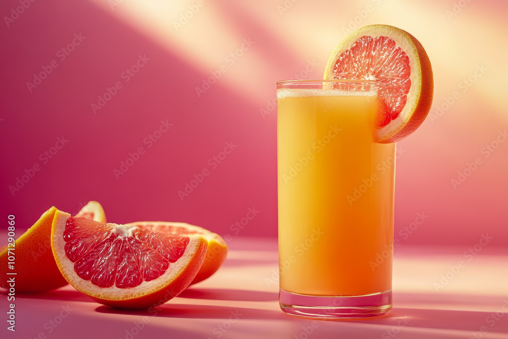 Poster a vibrant glass of fresh grapefruit juice sits on a smooth gradient background. the drink is garnish