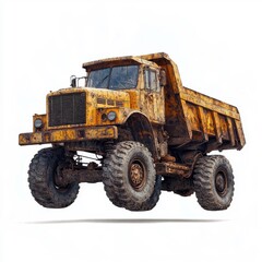 Floating dump truck, classic shape, isolated on white background.