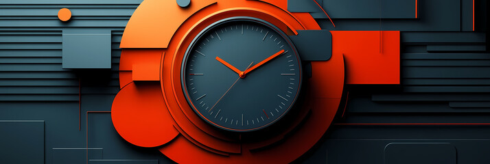 A minimalist clock face set against a backdrop of geometric shapes, the orange and black color scheme creates a visually striking contrast.
