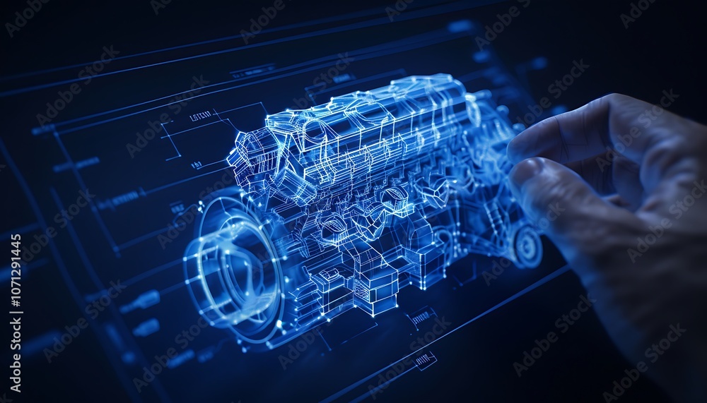 Fototapete A hand interacts with a digital hologram of an engine, showcasing advanced technology and innovation in engineering and design.