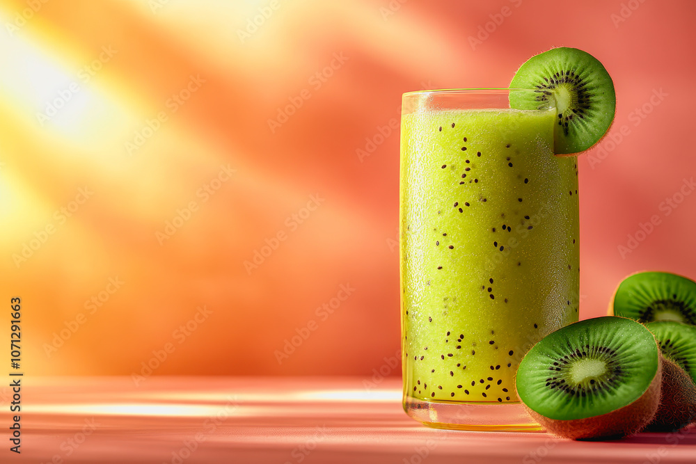 Poster This captivating image features a refreshing kiwi juice in a glass, garnished with a slice of kiwi, set against a smooth gradient background. Perfect for showcasing healthy beverages.