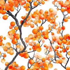 Watercolor seamless pattern of orange trees, artistic and flowing, isolated on white background.