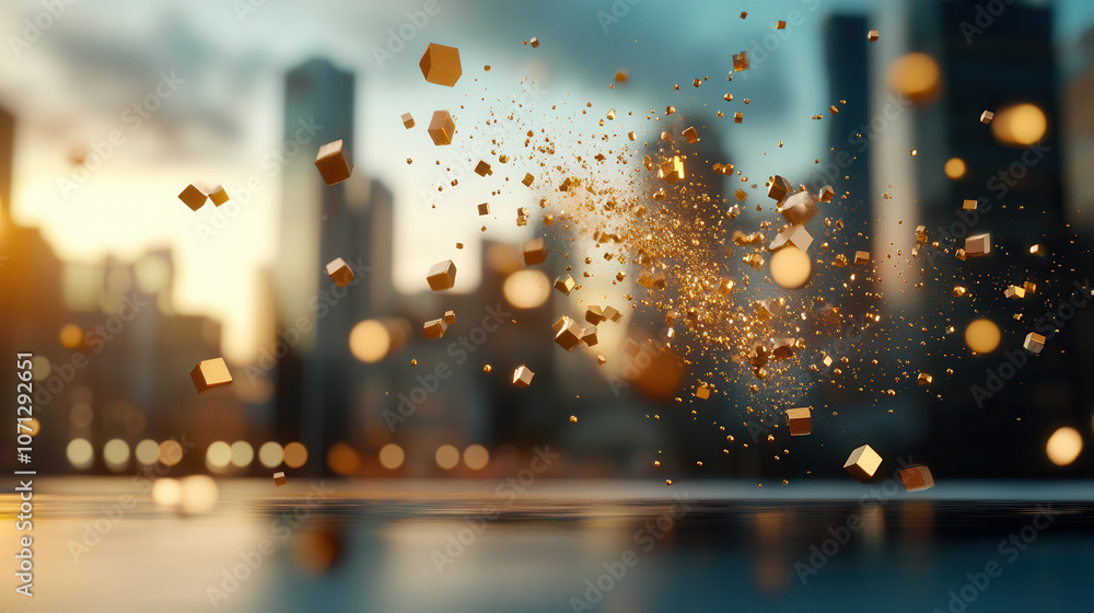 Poster mesmerizing scene of floating golden particles and cubes, creating magical atmosphere against city s