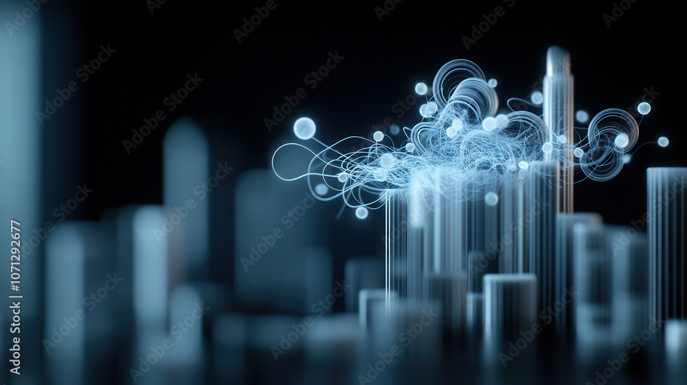 Poster futuristic cityscape with glowing crystal like structures and swirling particles creates mesmerizing
