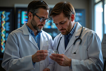 Two scientists in lab coats examine a DNA model, focused and collaborative. Advanced tech background highlights professionalism. Genetics research, scientific inquiry.