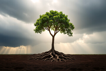 Solitary tree with lush green leaves stands in an open field, roots spreading wide. Sunlight breaks through storm clouds, casting rays on the scene. Nature's vitality and renewal are evident.