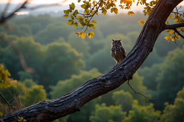 Owl perched on tree branch, eyes alert, brown feathers spotted against bark. Sunlight filters through lush green trees, creating warm hues. Tranquil forest scene.