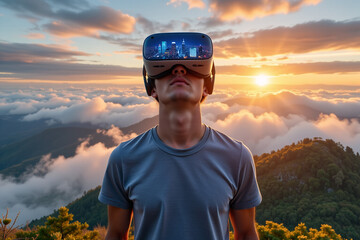 Middle-aged man in VR headset on mountain, viewing urban skyline at night. Clouds and hills behind him. Isolation, exploration, virtual reality.