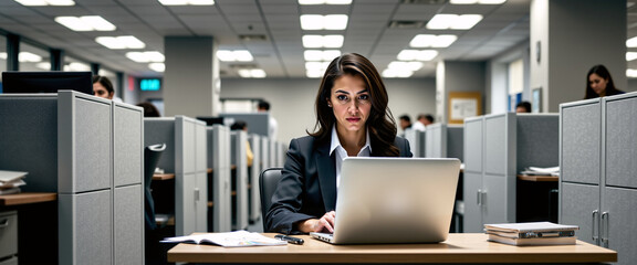 Professional woman focused on work at desk, surrounded by office cubicles and paperwork. Serious mood, typical corporate attire. Office productivity scene.