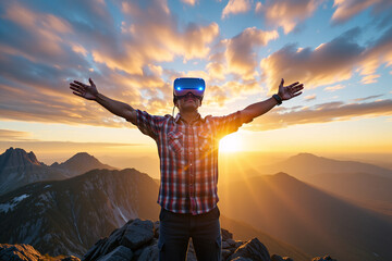 Man on mountain top, arms outstretched, wearing VR headset. Joyful expression, plaid shirt, rocky terrain. Triumph and adventure through technology and nature.