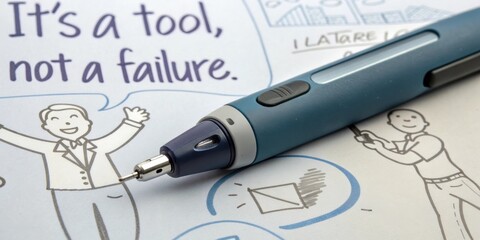 Closeup of an insulin pen on a background of supportive messages like Its a tool not a failure. A contrasting image of confidence with a person managing their diabetes
