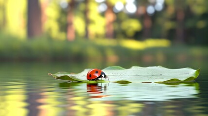 A ladybug is on a floating leaf