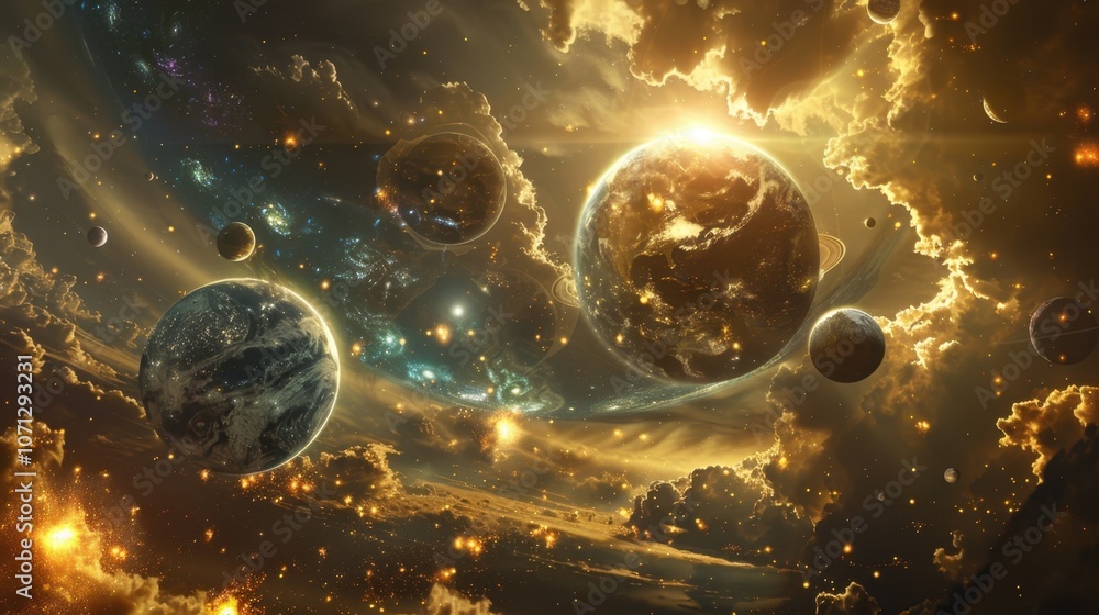 Poster in a grand display of cosmic sorcery the planets began to spin and float around the sorcerer like ob