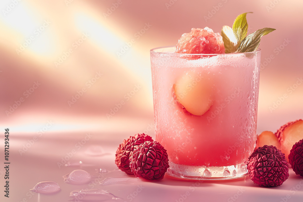 Poster a vibrant glass of lychee juice garnished with mint, set against a soft gradient background, creatin