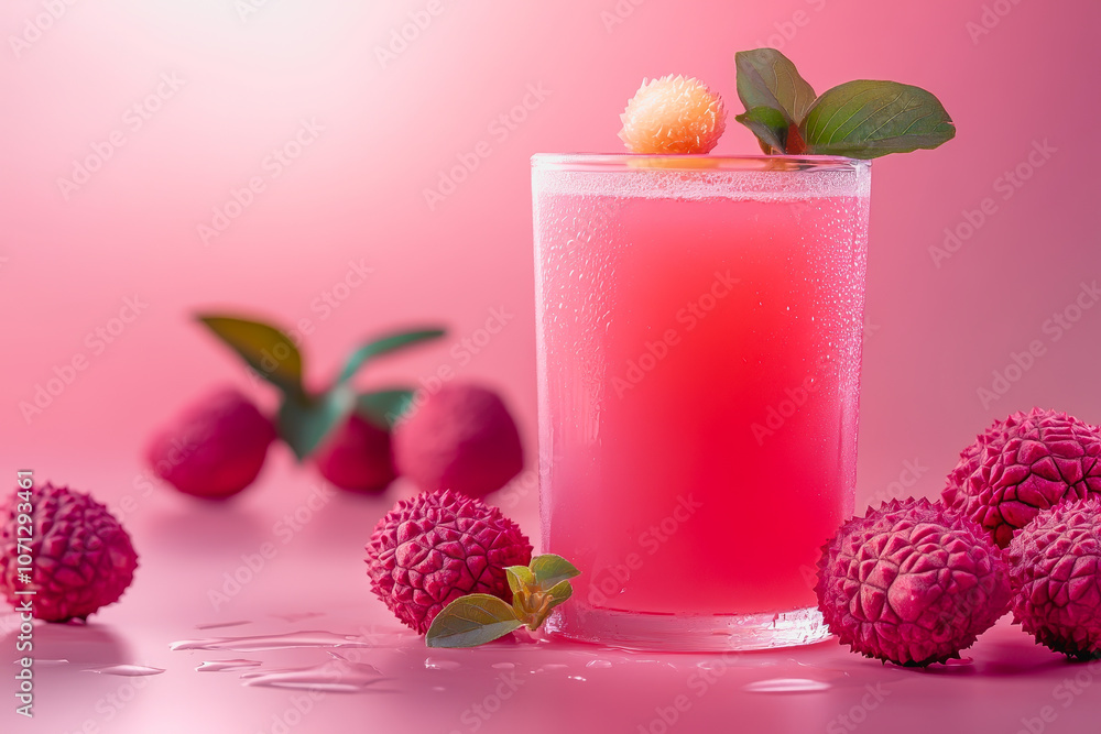 Poster a vibrant glass of refreshing lychee juice displayed on a soft gradient background. the drink is dec