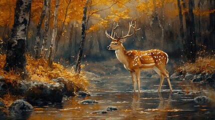 Serene Deer by Stream in Autumn Forest