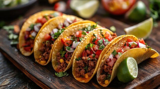 An enticing display of delicious beef tacos topped with a variety of fresh ingredients and garnishes.