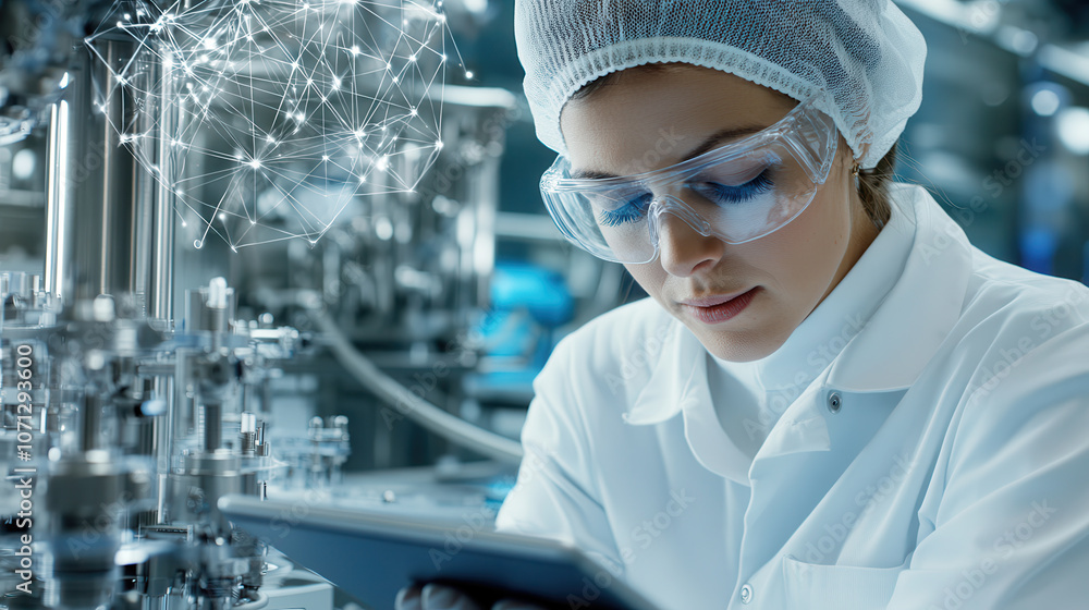 Poster worker in high tech industrial setting using tablet, focused on data analysis and innovation. enviro