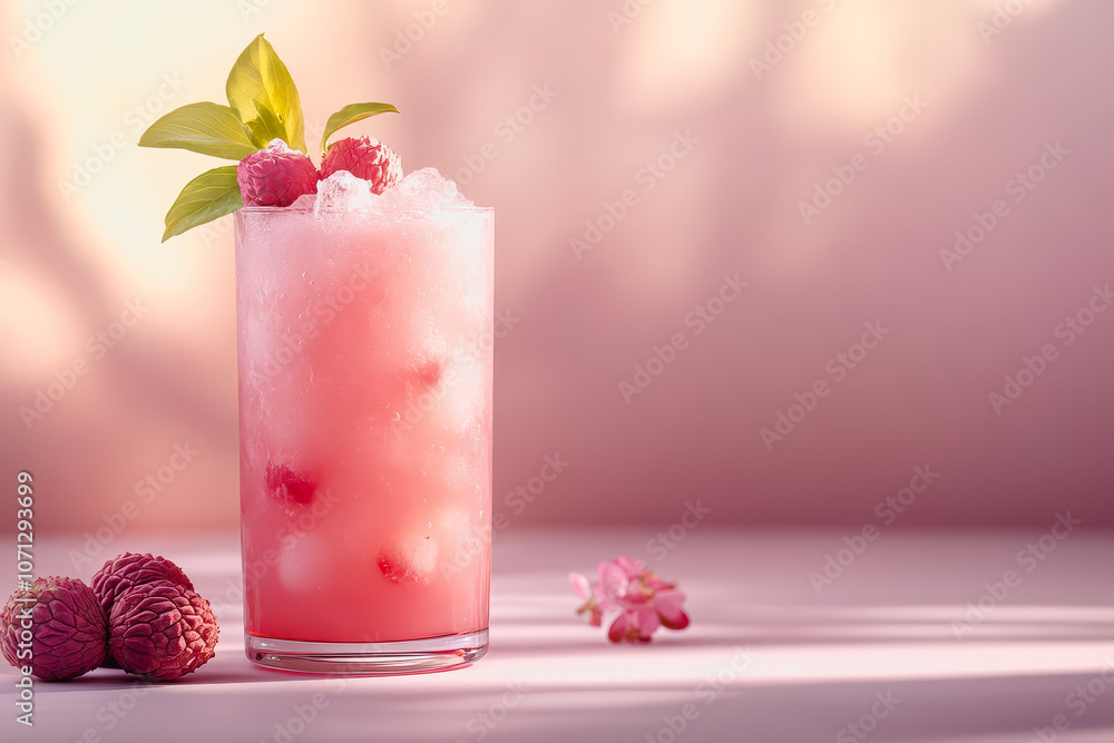 Poster a refreshing lychee juice garnished with raspberries and leaves, beautifully displayed in a glass on